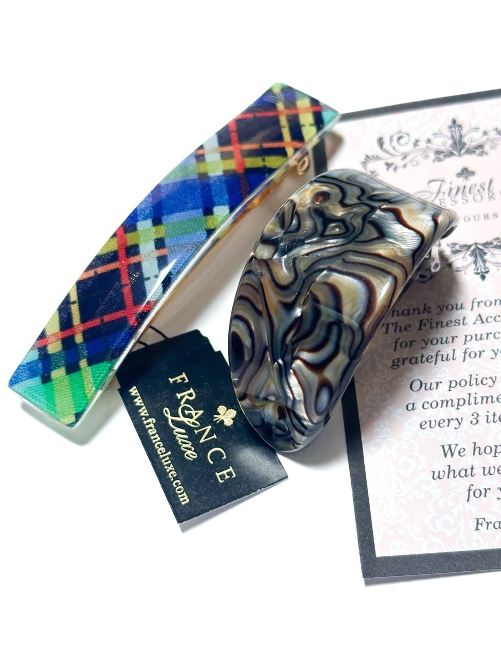 Set of 2 France Luxe Volume Barrette Hair Clips Plaid Tortoiseshell Handmade